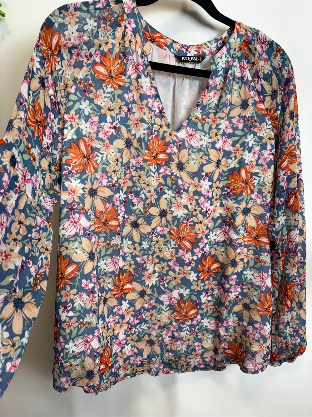 Orange and Blue Floral Long Sleeve Relaxed Blouse - Picture 13 of 13